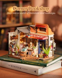 Robotime  Mini Corner Bookstore Tiny House DIY Miniature House Kit Making Kit with LED Wooden Craft Kit Decorative Hobby Unique Gift