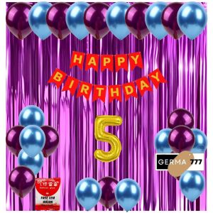 Paket Set Dekorasi Backdrop Pesta Balon Ulang Tahun Anak Banner Happy Birthday Merah Tirai Ungu