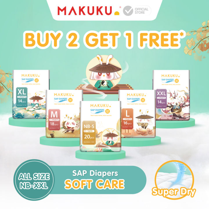 [BUY 2 GET 1 FREE] MAKUKU SAP Diapers Soft Care Pants Ukuran NBS/M/L