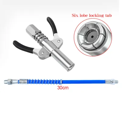 10000 PSI Grease Gun Coupler Heavy-Duty original locking grease coupler Quick Lock and Release Double Handle Stainless Steel NPTI/8 Leak-Free Grease Tool Tip Grease goes in Double Handle Gear High pressure oil Injector + 30cm Hose Set