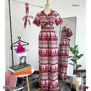 B20864 Set 2 ชิ้น เสื้อเชิ้ตแขนสั้นครอป +กางเกงขายาว #เซตช้างSet of 2 pieces: short-sleeved crop top shirt + long pants #elephant set