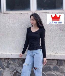 [ Mặc Là Mê ] Áo thun nữ cổ tim tay dài  áo thun trơn cotton đẹp dễ mặc dễ phối đồ mặc bốn mùa ( III )