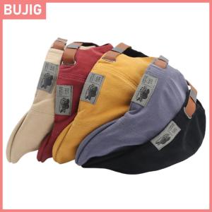 BUJIG หมวกบีนนี่แฟชั่นผ้าลินินแนววินเทจสำหรับผู้ชายมาใหม่2025หมวกเบเร่ต์สีเข้มแนวฮิปฮอปหมวกสตรีหมวกบีนนี่สไตล์ฝูงชนหมวกเบเร่ต์กันแดด