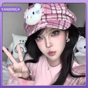 【YANXING4】 หมวกพิมพ์ลายการ์ตูน Hello Kitty ของผู้หญิงหมวกพิมพ์ลายการ์ตูนน่ารักสำหรับตกแต่งลายสก็อตสำหรับฤดูใบไม้ร่วง