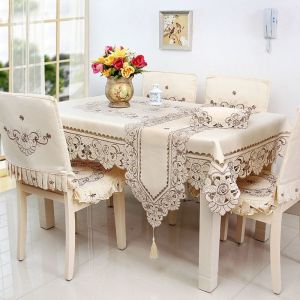MKEB MALL Rectangular Embroidered Lace Tablecloth White Vintage Satin Dust Cover Country Themed Fabric Floral Dining Tables Cover Home