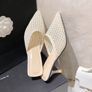 [Free Shipping] 2025 Summer Womens Open-Toe Half-Slipper with Thin Heel Vintage Mesh High-Heel Sandals Pointed-Toe Shoes for Women