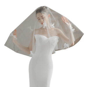 ผ้าคลุมหน้าเจ้าสาวดีไซน์แบบผ้าคลุมหน้างานแต่งงานสีขาวคลาสสิกผ้าคลุมหน้าดีไซน์แบบผูกโบว์สำหรับงานแต่งงานเจ้าสาวผ้าคลุมหน้าสำหรับถ่ายรูป