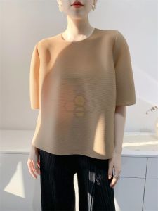 ☍㍿ Aiden001 Average Size (45-70Kg) Pleated Top Womens T-Shirt Summer Toothpick Craft Short Sleeve Commuter Style Loose High Elasticity Non-Ironing S-222