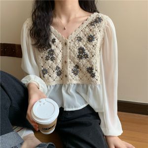 612 เสื้อลูกไม้สวย เสื้อครอป ท็อป ผ้าถักงานปักดอกทานตะวันเสื้อซีทรูตะมุตะมิน่ารักมากๆ เสื้อชีฟองปักลาย