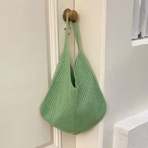 BIGCOUSIN สีพื้น กระเป๋าสะพายไหล่ถัก ทำมือ โบฮีเมียน กระเป๋าถักโครเชต์ ง่าย ความจุขนาดใหญ่ กระเป๋าถัก ผู้หญิง