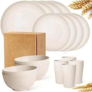 Hot selling dishes plates water cups 16 piece cutlery set wheat straw dishes plates cups plates set microwave oven dishwasher suitable for daily camping use