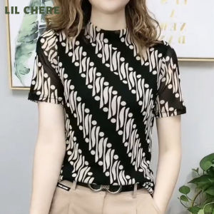 LIL CHERE Twill Mesh Blouse for Women Slim Elastic Blouse Casual Shirt