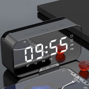 Pembesar Suara Bluetooth Tanpa Wayar dengan Radio FM Cermin LED Jam Penggera Subwoofer Pemain Muzik Jam Desktop