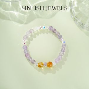 SINLISH Natural Amethyst Bracelet with Citrine Crystal Beads and Rhinestone Charm Trendy Jewelry