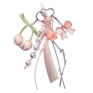 พวงกุญแจผูกโบว์ดอกไม้พร้อมริบบิ้นนุ่มห้อยกระเป๋าแบบพกพาของขวัญพื้นผิวอะคริลิคที่ใส่กุญแจหรูหราสำหรับผู้หญิงเด็กผู้หญิง