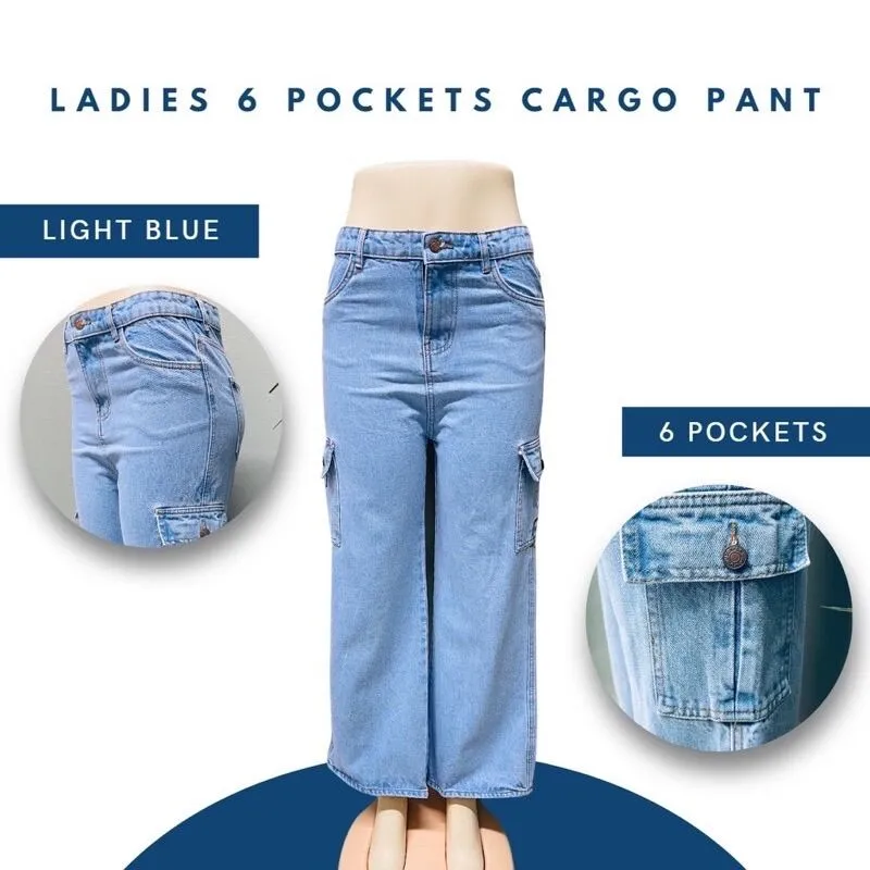 Ready Stock )Long Palazzo Cargo 6 Pocket Solid Denim Jeans New Design untuk  Perempuan women's palazzo