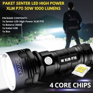 Paket Senter LED High Power XLM P70 50W 1000 Lumens USB Rechargeable