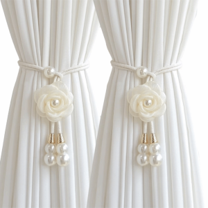 PERSLIGH 2Pcs Pearl Floral Curtain Tiebacks Modern Minimalist Curtain Holdbacks Creative Adjustable Camellia Curtain Tiebacks Sheer Curtains