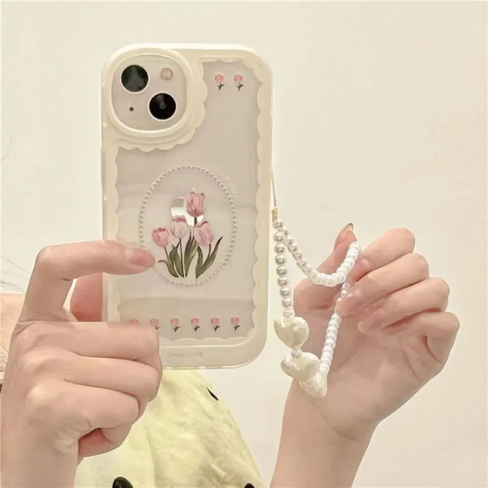 For Case Iphone 13 Korea INS Tulip Flower Lanyard Phone Case for