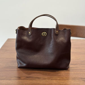 BeeGreen Women High Quality Soft Genuine Leather Tote Bag Classic Twist Lock Handbag Minimalist Commuter Bag Plain Shoulder Bag