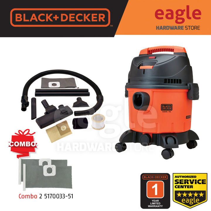 ( Combo ) Black & Decker BDWD15-XD 1400W 15 Litre Multifunction Vacuum Cleaner + 2 x 5170033-51 ( BDWD15 )