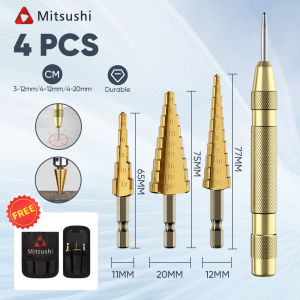 Mitsushi Drill Bit Set for Metal with Bag Large Titanium Drill Bits Set Original Step Drill Bits Heavy Duty 4pcs Gerudi Step Drill Bit for Stainless Steel Metal Drill Bit Serrated Drill Bit Set
