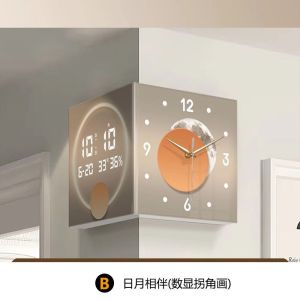 Digital Clocks Wall Moderm Luxury Creative Wall Clock Home Decor Living Room Double-Sided Creative Wall Lamp Corner Digital Display Electronic Screen Corner Wall-Mounted Punch-Free Luminous Clock Digital Clocks Wall Moderm Luxury