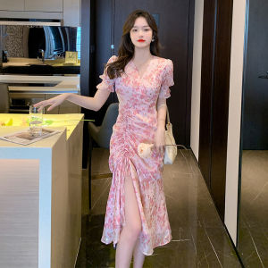 YIGE Đầm Voan Màu Đồng Hoa Thanh Lịch Mới Mùa Hè 2022 Váy Ngắn Đuôi Cá Ôm Sát Cho Nữ