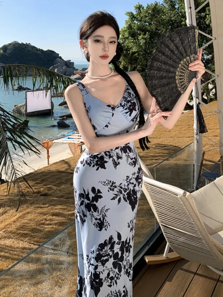 long floral dress for woman casual white sexy fitted dress aesthetic korean sleeveless bodycon dress