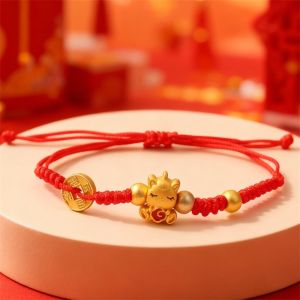 MUSASI Có thể điều chỉnh Vòng tay cung hoàng đạo Dây thừng đỏ tết Trang sức vàng Bùa Phong Thủy Phong cách Trung Quốc Dây thừng tay Vòng tay dây đỏ Quà tặng năm