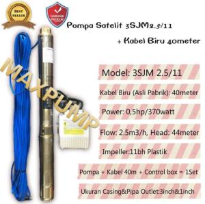 MAXPUMP Pompa AIR 3SJM 2.5/11 Satelit 3Inch 370Watt 0.5Hp dg kabel biru 40meter Pompa Submersible