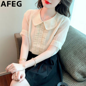 AFEG new Korean version of the doll collar fashion loose and eclectic style embroidered chiffon short-sleeved blouse
