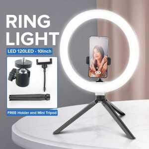 Lacyfans Lampu Ring Light LED 3in1 Color Tripod Holder 25.5cm 12W - QX-260 Halo Ring Light 10 Inch 26cm 120 LED dengan Tripod dan Holder HP Ringlight Besar Selfie Make Up Vlog Live Streaming Tiktok Mukbang Pencahayaan Studio Foto Video LED