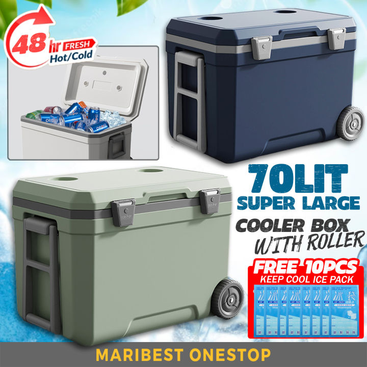 70L Portable Cooler Box Wheel Picnic Ice Box Cooler Outdoor Camping Fishing  Cooler Box Kotak Ais Batu Bekas Memancin