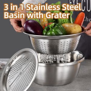 ✅100% Original Smilee 3pcs/set Stainless Steel Basin 3 in1 Multifunctional Thickening Grater /Drain /Solid Basin