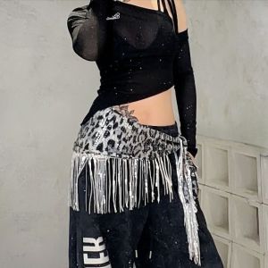 NOVELLEO Sequin Jazz Dance Hip Scarf Hip-hop Y2K Tassels Leopard Print Belt Jeans Decor Triangular Scarf Cargo Pants Waist Band Streetwear