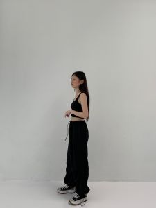 Celana Cargo Pants Wanita Serut Highwaist Loose Korean Style Bahan Rosetta