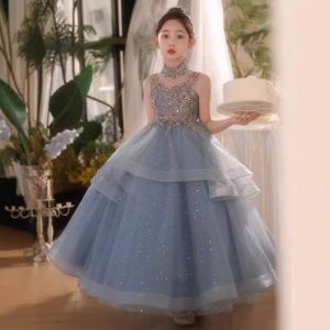 ชุดเดรสเด็กผู้หญิงสีน้ำเงิน ชุดดอกไม้สำหรับงานวันเกิดระดับสูง การแสดงเปียโน ชุดเจ้าหญิงสำหรับเด็ก การแสดงเปียโน