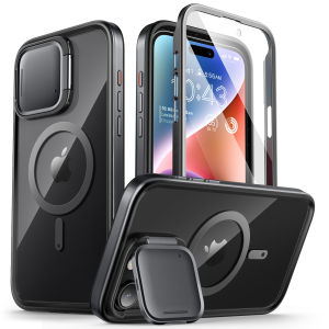 i-Blason Shield Mag for iPhone 15 Pro Max Case with Camera Cover Stand [Compatible with MagSafe] Clear Full-Body Shockproof Rugged Bumper Protective Case with Built-in Screen Protector