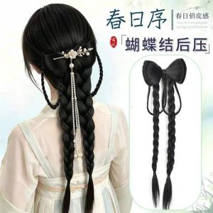 HPVDBP Elegant Bow Braids Ponytail Extensions Duckbill Clip Synthetic Hanfu Long Ponytail Wig Vintage Fake Bow Knot Back Hair Piece For Women
