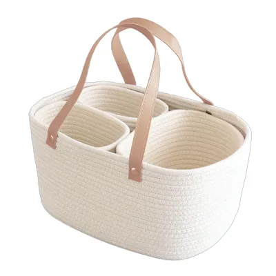 Olive Baby Co. Diaper Caddy - White with Dark Brown Leather Handle
