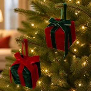 EO4MD Bow Christmas Hanging Ornaments Velvet Mini Ornaments Decorative Square Gift Box Gift Box Pendant Christmas Tree
