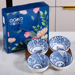 QOMO Set Mangkuk Seramik Mangkuk Jepun Set Mangkuk Porcelain dengan Kotak Hadiah Perkahwinan Doorgift Tableware