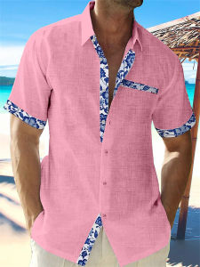 2026 summer fashion mens Hawaiian linen shirt mens casual lace printed beach pocket short sleeve plus size jacket 5 colors.