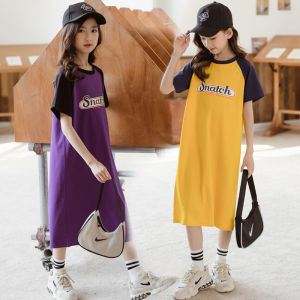 เดรสแขนสั้นสำหรับเด็กผู้หญิงชุดกระโปรงยาวเดรสเหนือเข่าเดรสแฟชั่นขนาด120-170ซม. สำหรับวัยรุ่น