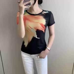 AMMIN 2025 Summer New Simple Round Neck Fashion Sheer Mesh Floral Print Short Sleeve Stretch T-Shirt for Women Korean Style Unique Gradient Print Casual Plus Size Elegant Blouse