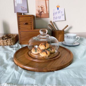 ฝาแก้วครอบเค้ก ทรงโค้ง พร้อมฐานไม้ ถาดวางเค้ก