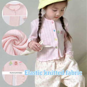 AILEBE Kids Cardigan Cute Cartoon Pattern Knitted Round Neck Long Sleeve Front Color Button Design Lightweight Summer Thin Air-Conditioned Wear Sun Protection