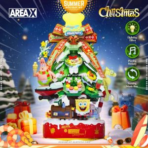 AREA-X Block AB0065 Merry Christmas Tree Music Box Spongebob Squarepants Series Gift Decoration Building Brick Toy