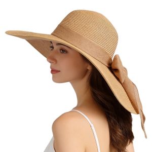 ZYJC Big Brim Summer Sun Hat Sun Protection Oversize Straw Hat Fashion Bowknot Beach Cap for Women
